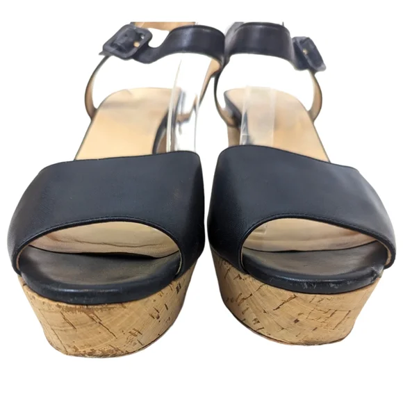 Cole Haan Gillian Mid Wedge Leather Sandals 10 Black Cork Platform Ankle Strap - Picture 5 of 14